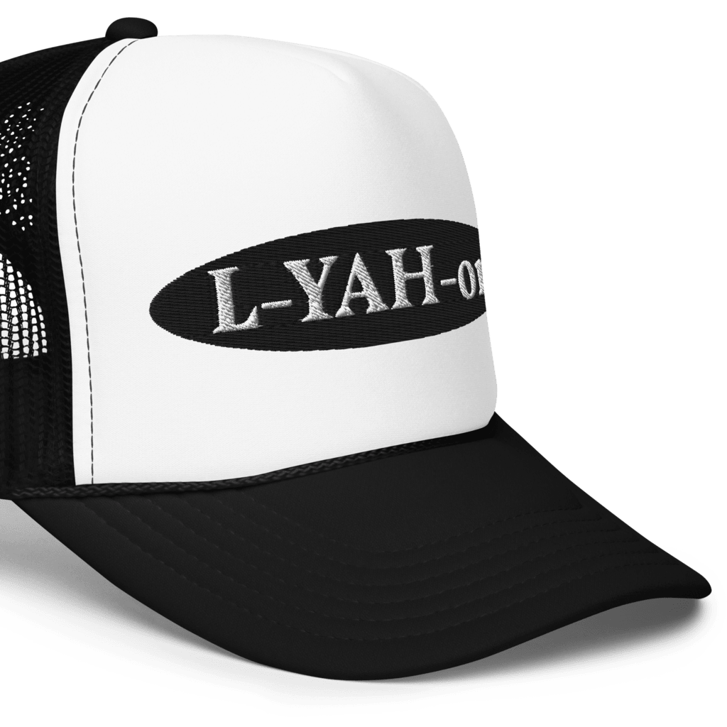 A white foam trucker hat with a black 'L-YAH-on' logo on the front.
