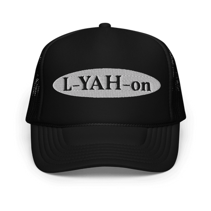 Black foam trucker hat with 'L-YAH-on' text embroidered - Inspirational accessories - faith-based online store