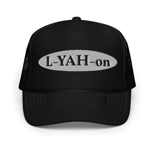 Black foam trucker hat with 'L-YAH-on' text embroidered - Inspirational accessories - faith-based online store