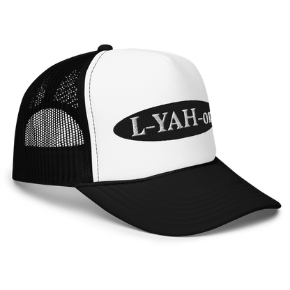 A white foam trucker hat with a black 'L-YAH-on' logo on the front.