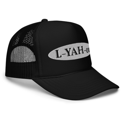 Black foam trucker hat with 'L-YAH-on' text embroidered - Inspirational accessories - faith-based online store
