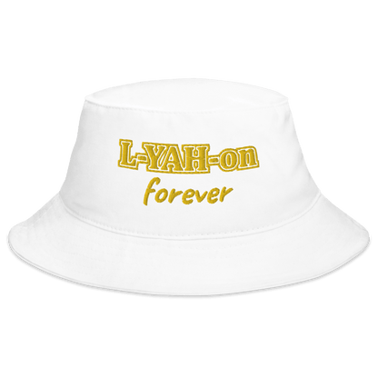 A white bucket hat with the text 'L-YAH-on FOREVER' - confidence through faith