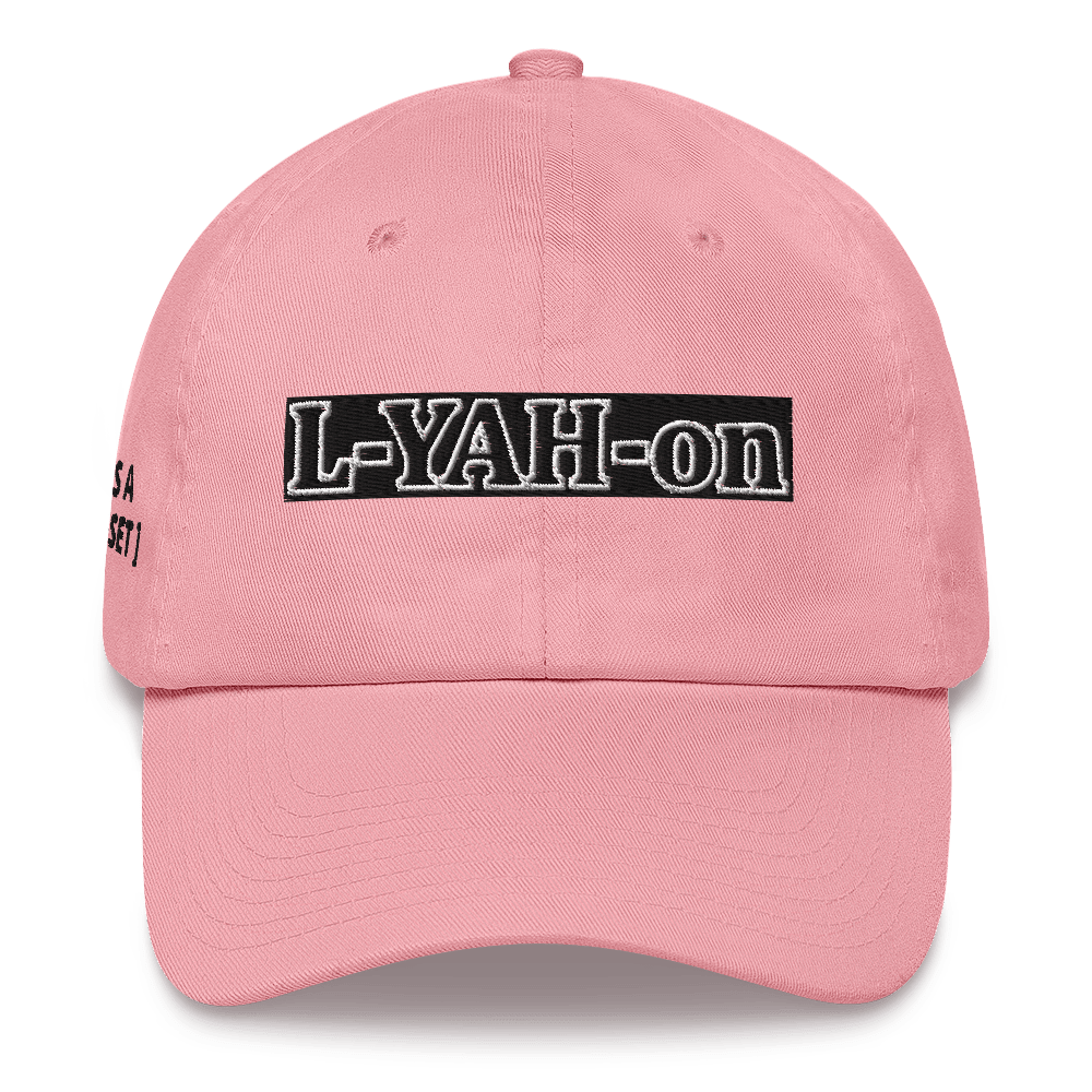A white baseball cap with the text 'L-YAH-on' printed on the front.