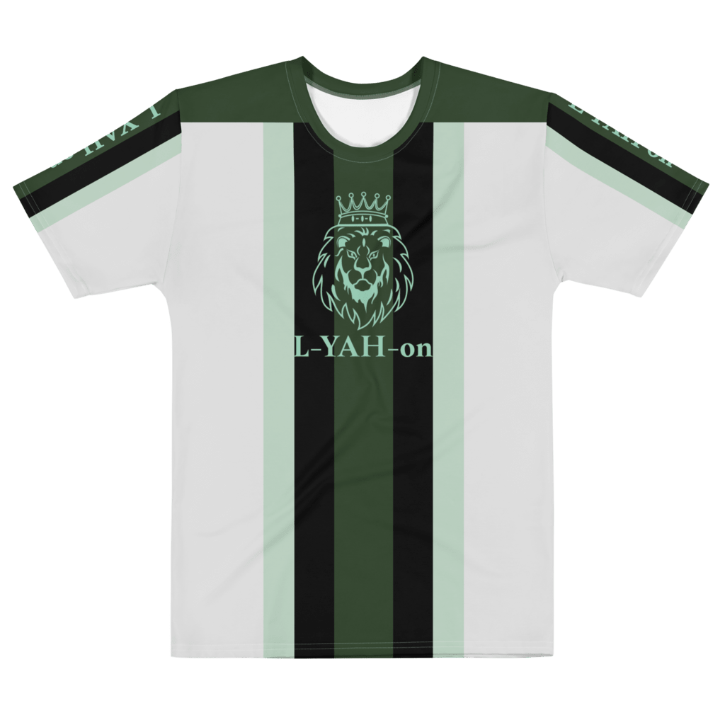 A green and black striped T-shirt with white text and a graphic design on the front.