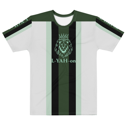 A green and black striped T-shirt with white text and a graphic design on the front.