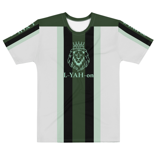 A green and black striped T-shirt with white text and a graphic design on the front.