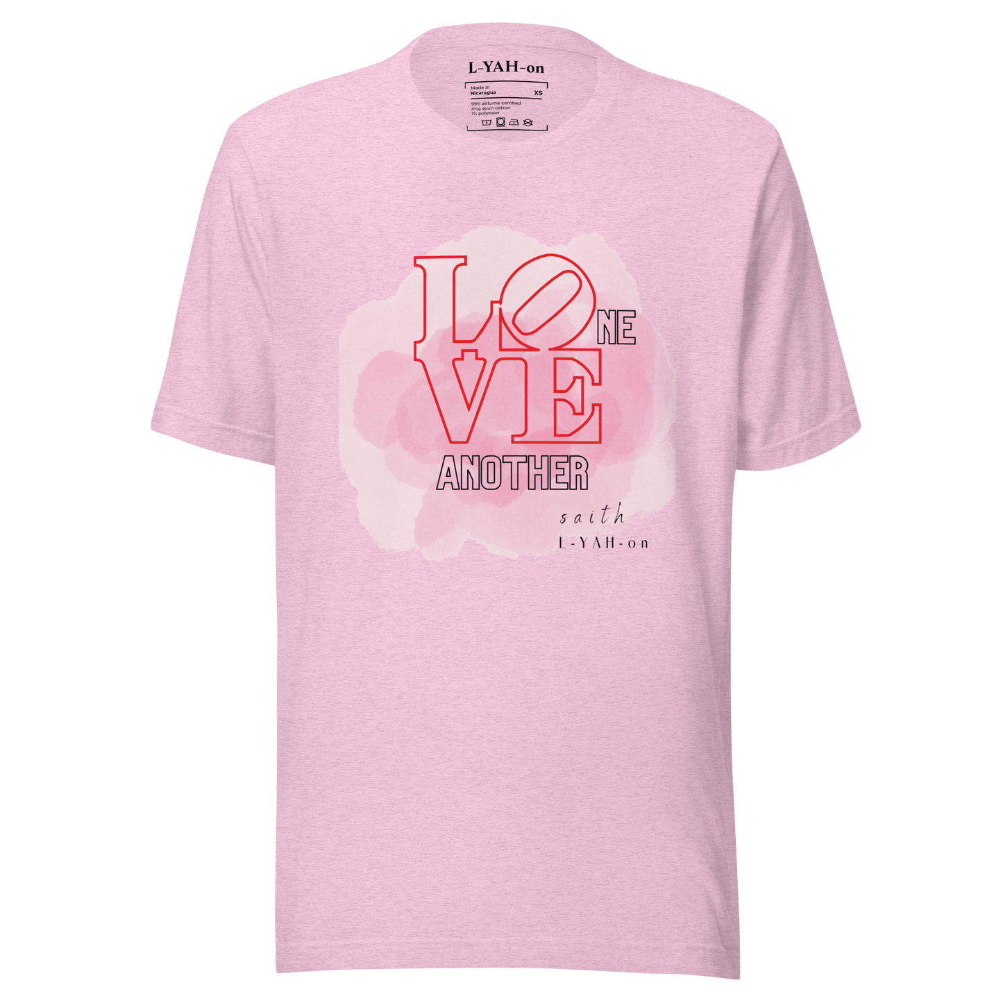 A pink crew neck t-shirt with the text 'LOVE ONE ANOTHER' printed in the center.