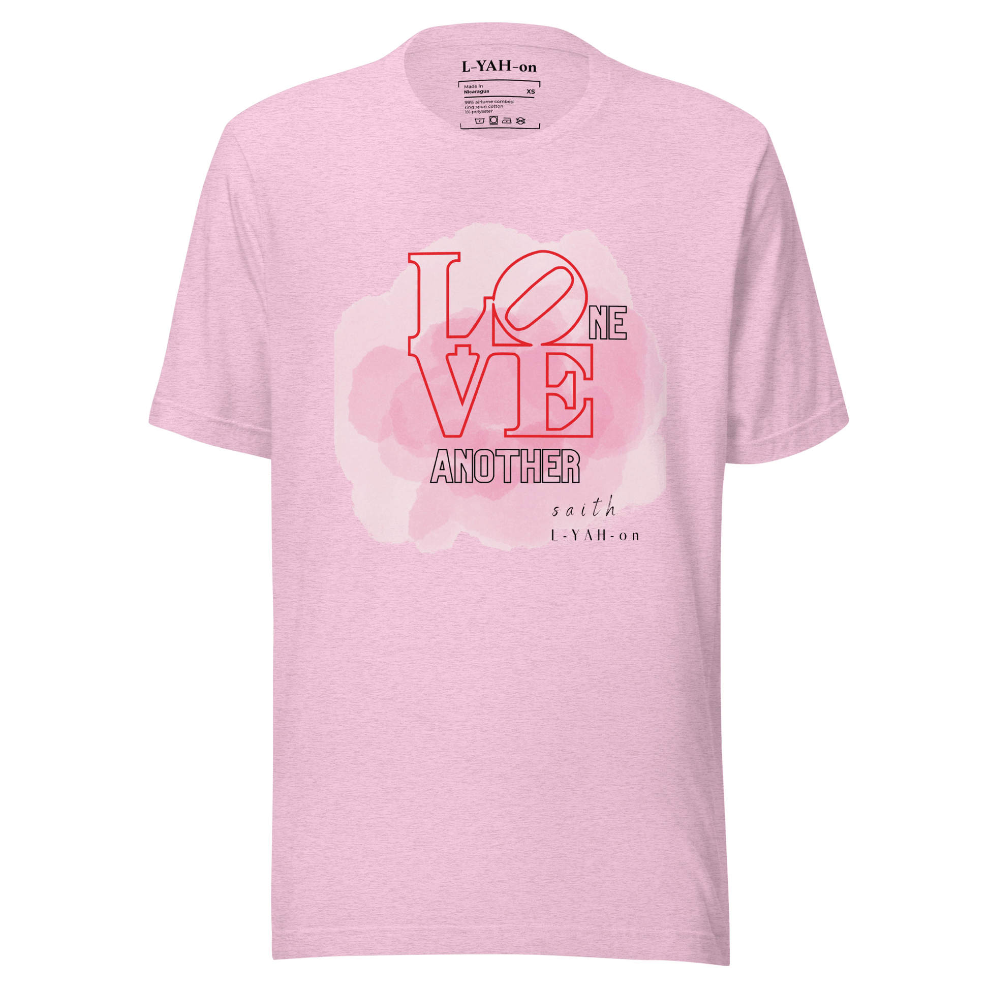A pink crew neck t-shirt with the text 'LOVE ONE ANOTHER' printed in the center.