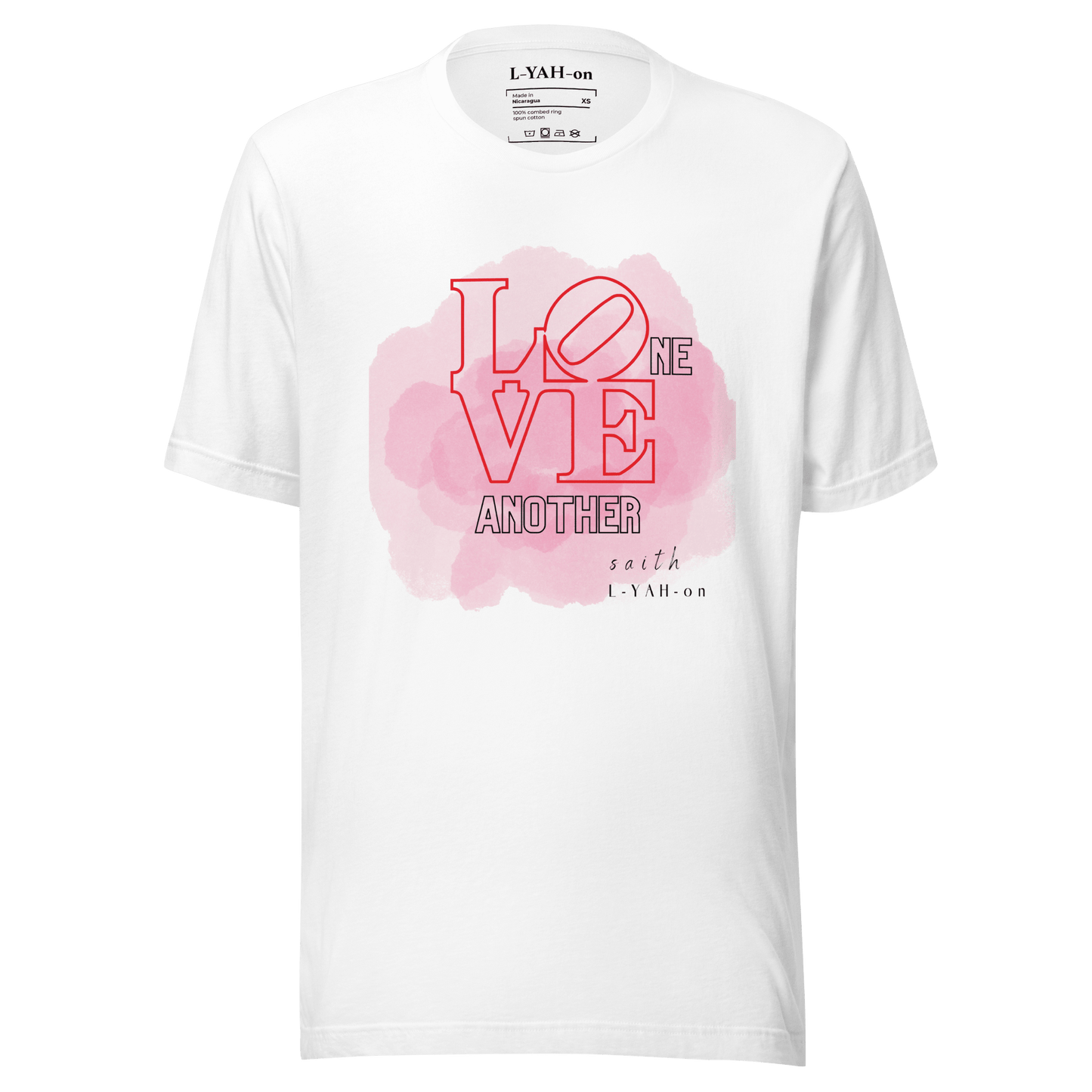 A pink crew neck t-shirt with the text 'LOVE ONE ANOTHER' printed in the center.