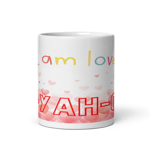 A white ceramic mug with 'I am loved' - faith-based mug