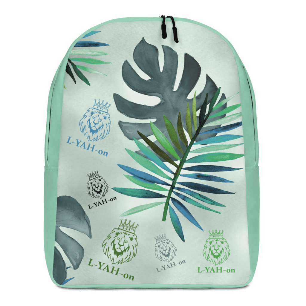 A multicolored backpack with a tropical leaf pattern, featuring the brand name 'L-YAH-on' prominently displayed.
