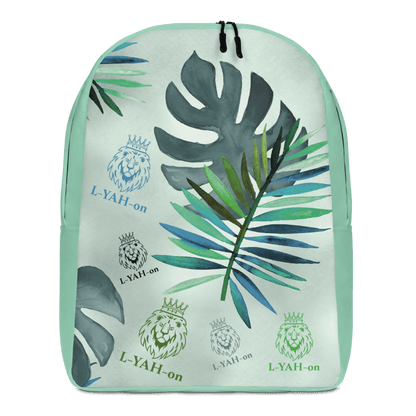 A multicolored backpack with a tropical leaf pattern, featuring the brand name 'L-YAH-on' prominently displayed.