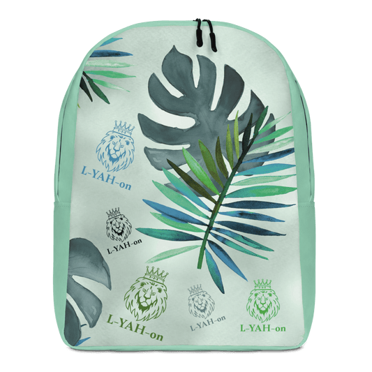 A multicolored backpack with a tropical leaf pattern, featuring the brand name 'L-YAH-on' prominently displayed.