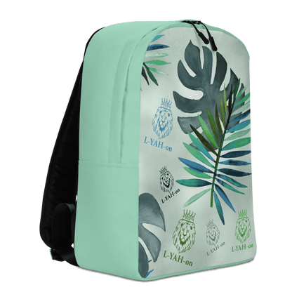 A multicolored backpack with a tropical leaf pattern, featuring the brand name 'L-YAH-on' prominently displayed.