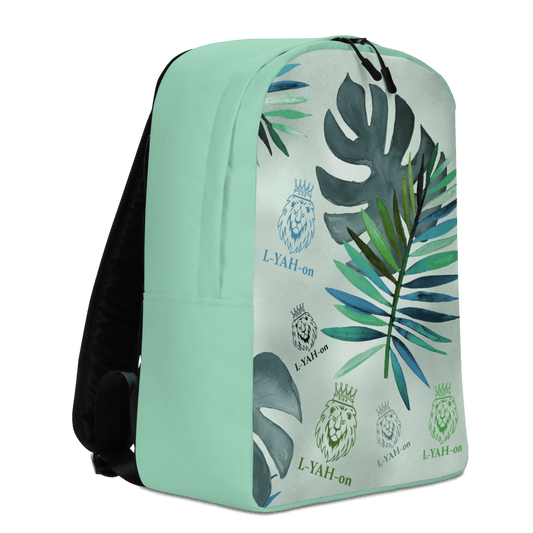 A multicolored backpack with a tropical leaf pattern, featuring the brand name 'L-YAH-on' prominently displayed.