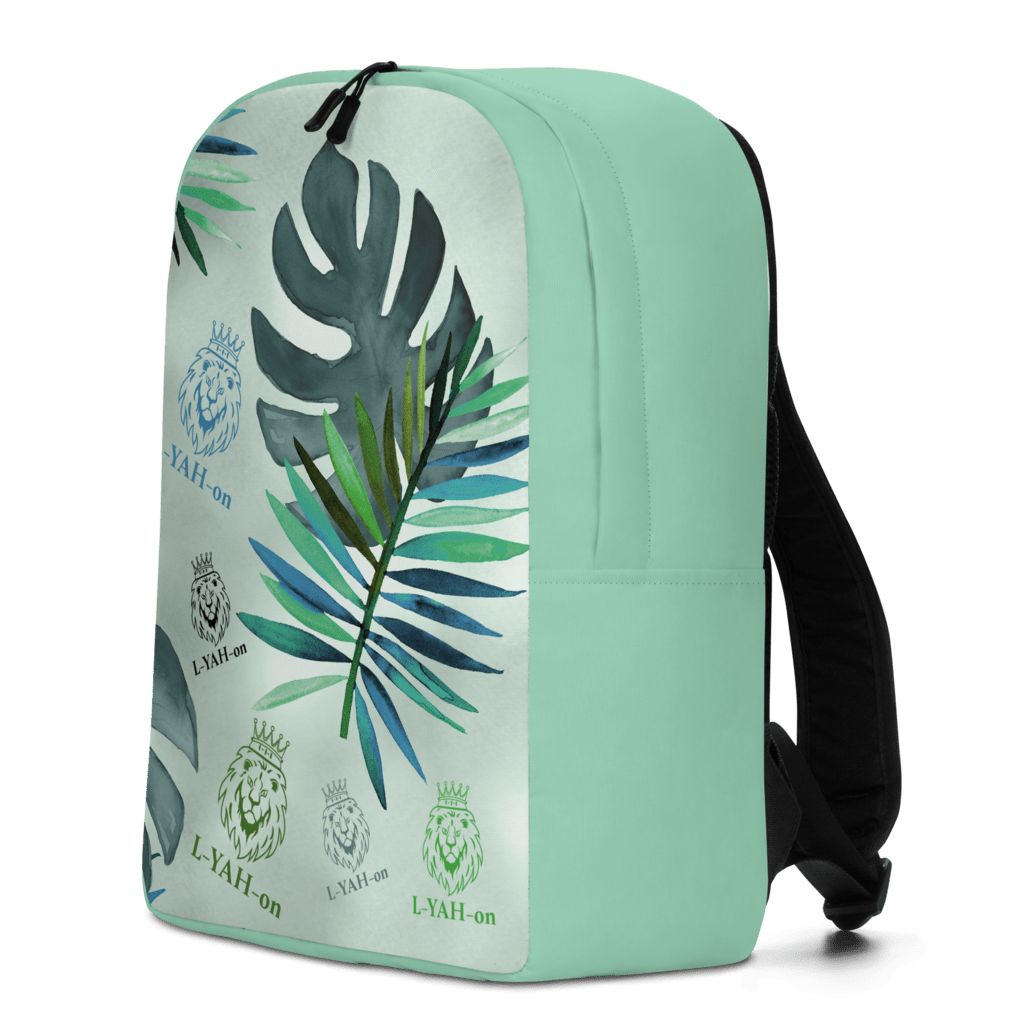 A multicolored backpack with a tropical leaf pattern, featuring the brand name 'L-YAH-on' prominently displayed.