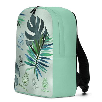 A multicolored backpack with a tropical leaf pattern, featuring the brand name 'L-YAH-on' prominently displayed.