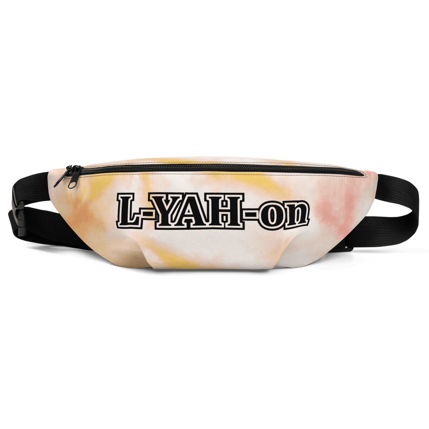 A tie-dye fanny pack with 'L-YAH-on' branding in black text on the front.