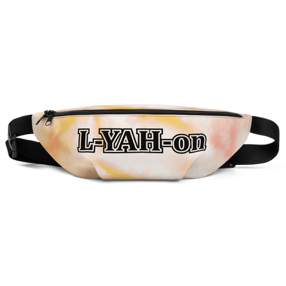 A tie-dye fanny pack with 'L-YAH-on' branding in black text on the front.