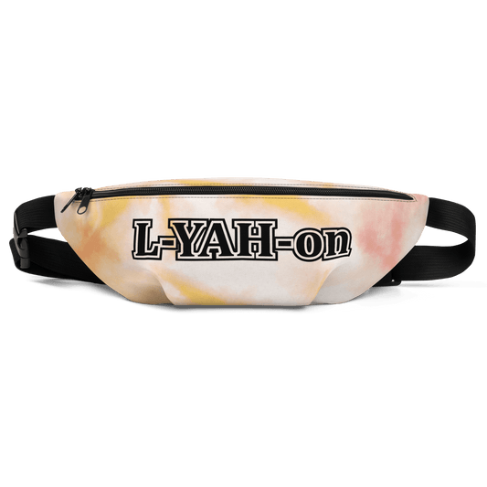 A tie-dye fanny pack with 'L-YAH-on' branding in black text on the front.