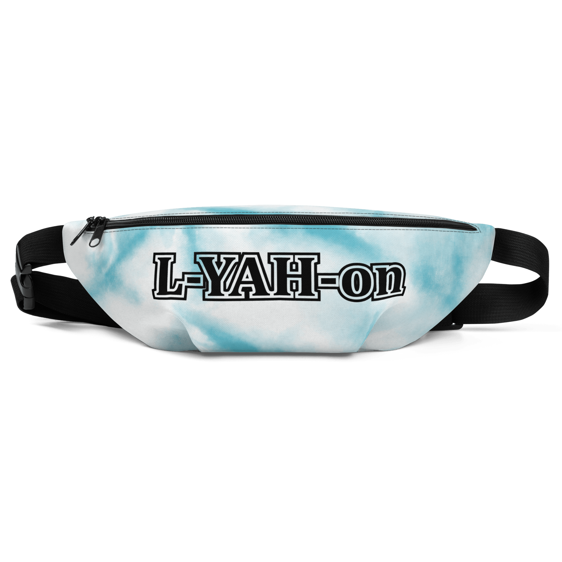 A blue  tie-dye fanny pack with 'L-YAH-on' branding in black text on the front.