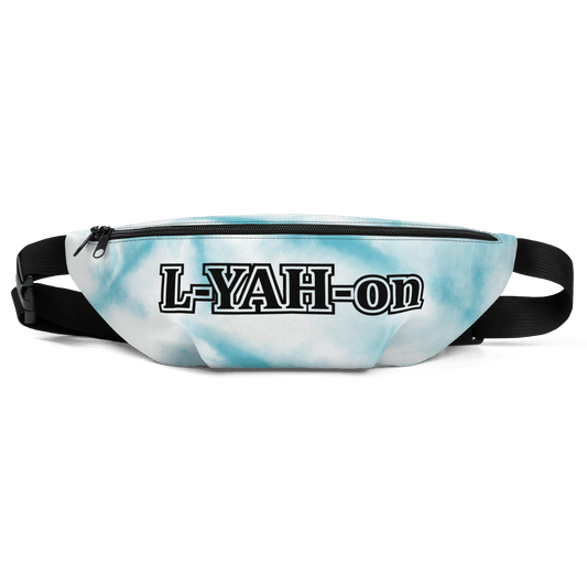 A blue  tie-dye fanny pack with 'L-YAH-on' branding in black text on the front.