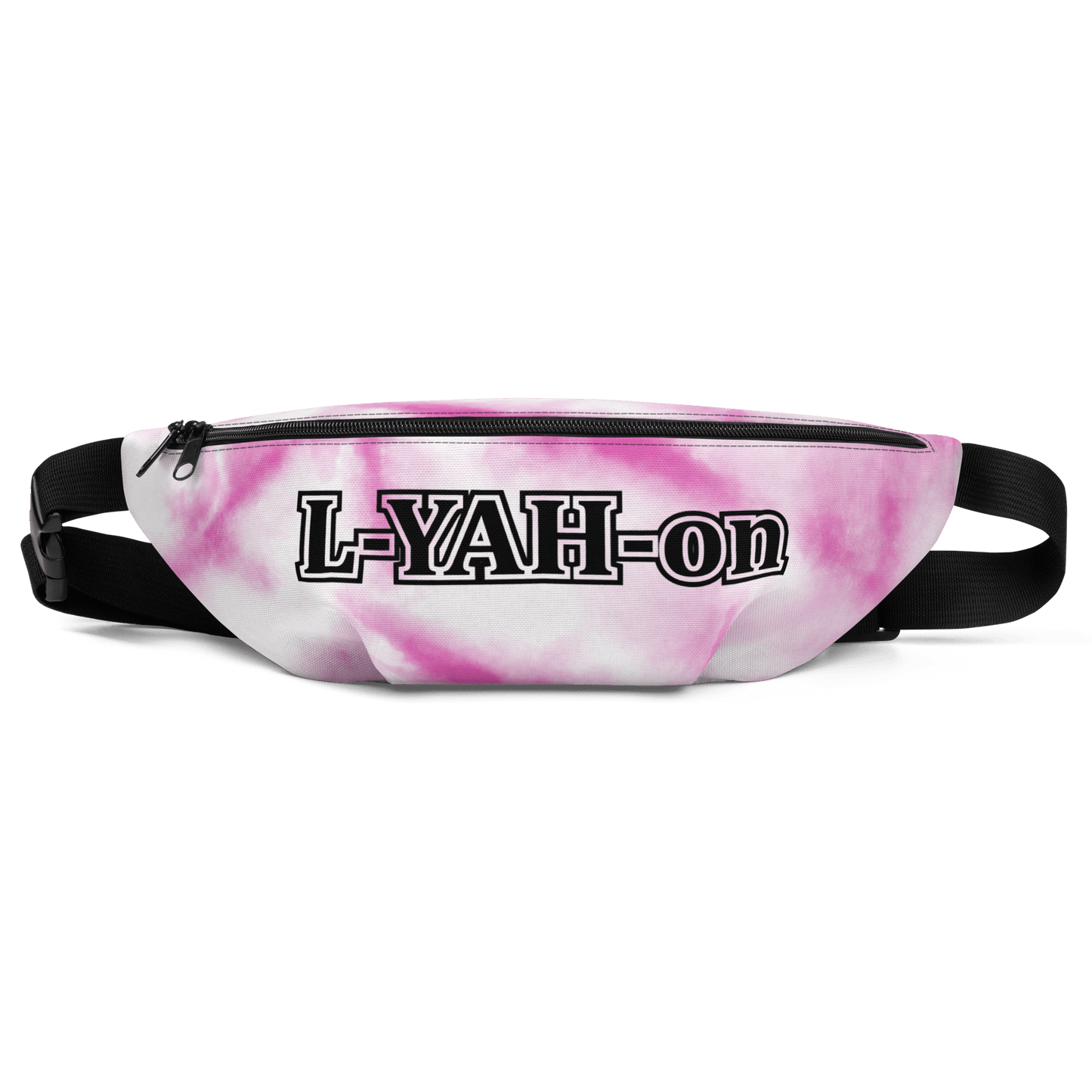A pink tie-dye fanny pack with 'L-YAH-on' branding in black text on the front.