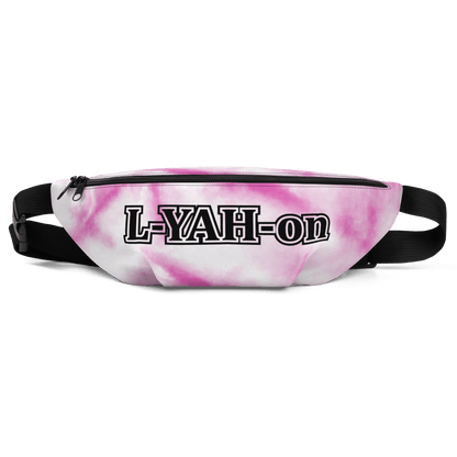 A pink tie-dye fanny pack with 'L-YAH-on' branding in black text on the front.