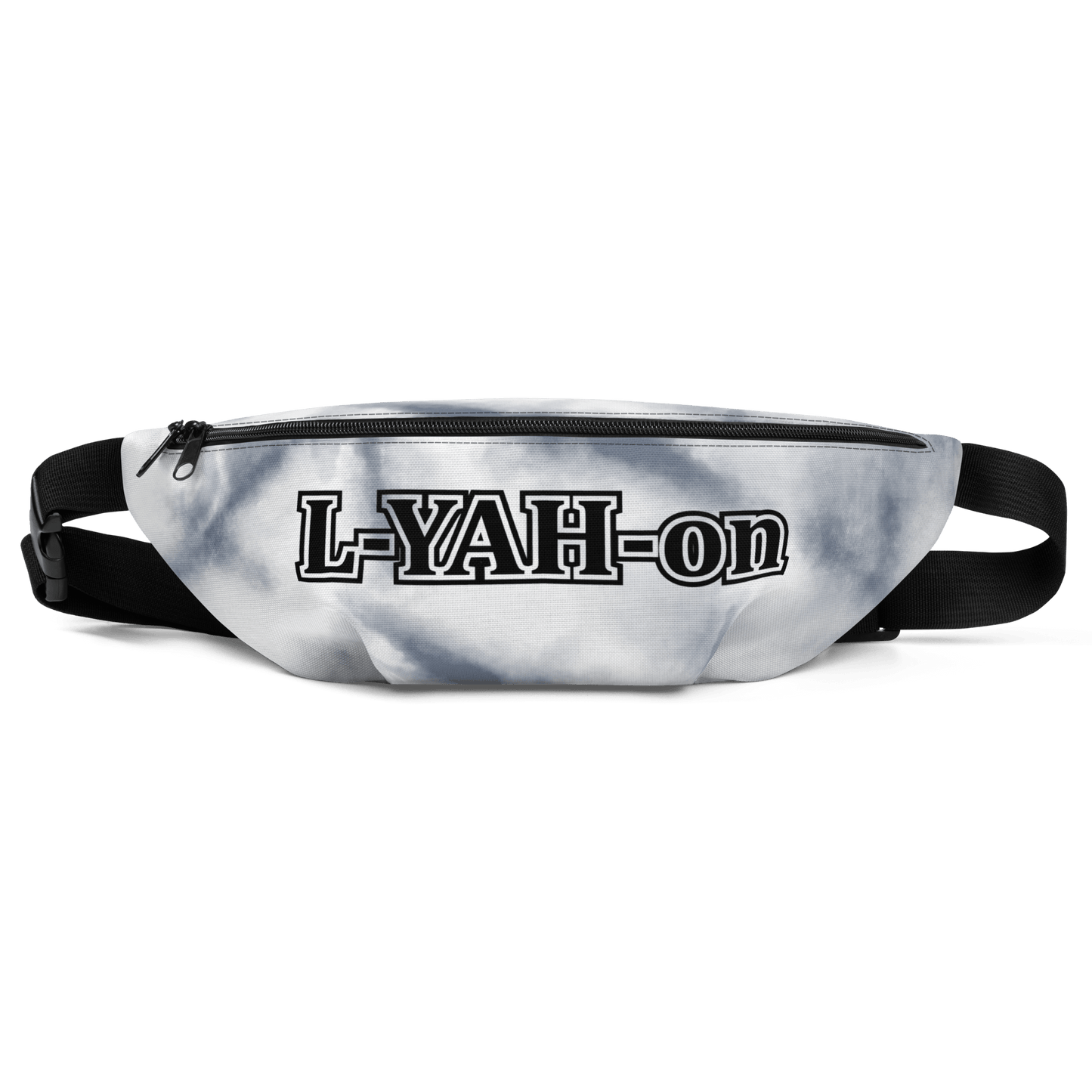 A gray tie-dye fanny pack with 'L-YAH-on' branding in black text on the front.