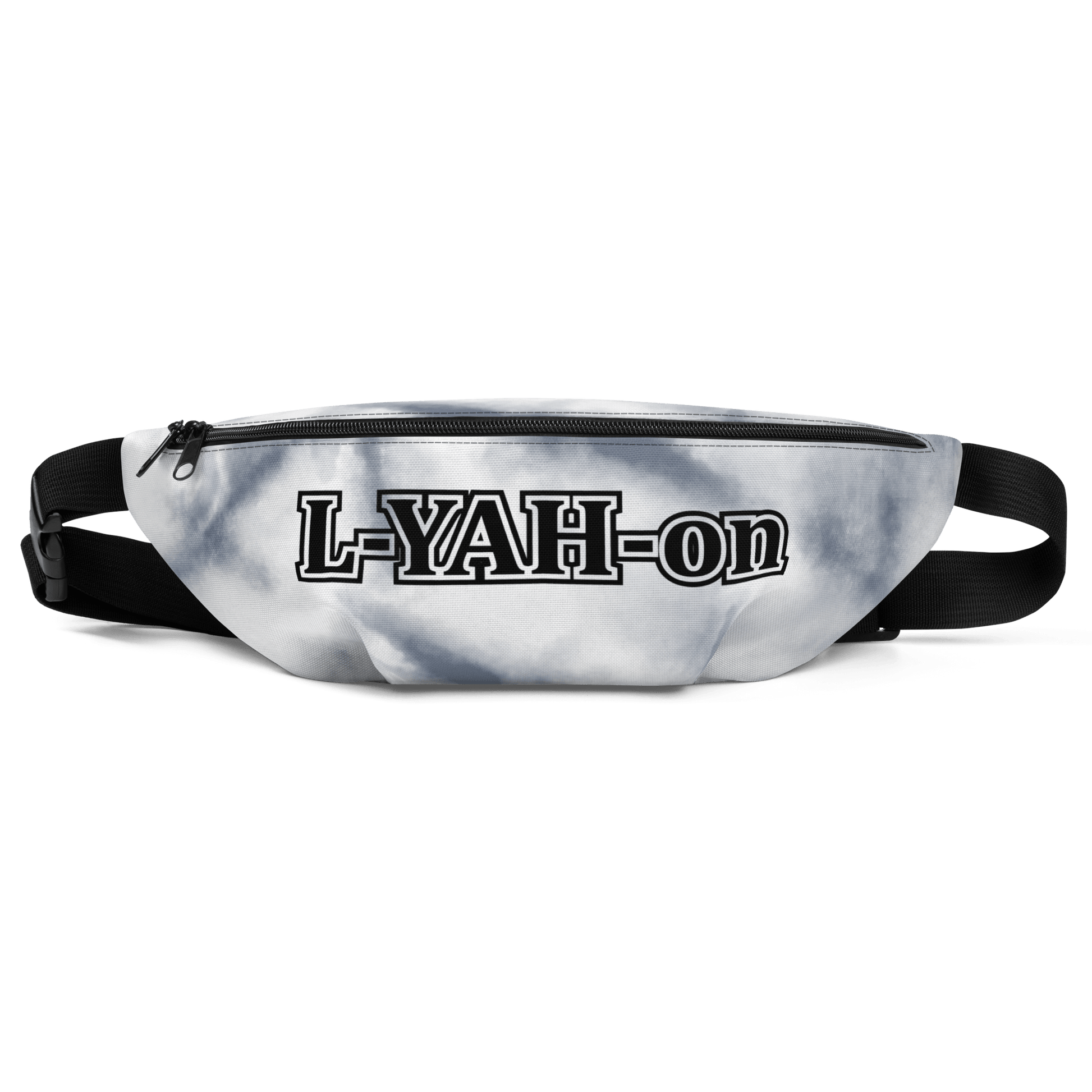 A gray tie-dye fanny pack with 'L-YAH-on' branding in black text on the front.