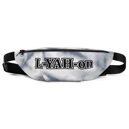 A gray tie-dye fanny pack with 'L-YAH-on' branding in black text on the front.