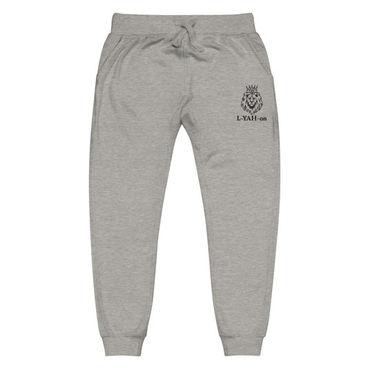 A pair of gray embroidered sweatpants with a white logo on the left pocket.