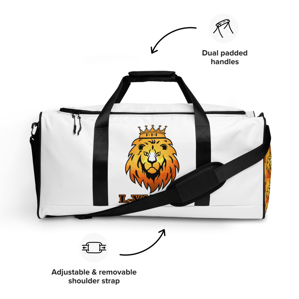 White duffle bag with a black strap and a logo that features a crown and a lion's face on the front.