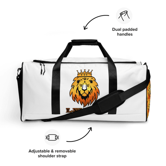 White duffle bag with a black strap and a logo that features a crown and a lion's face on the front.
