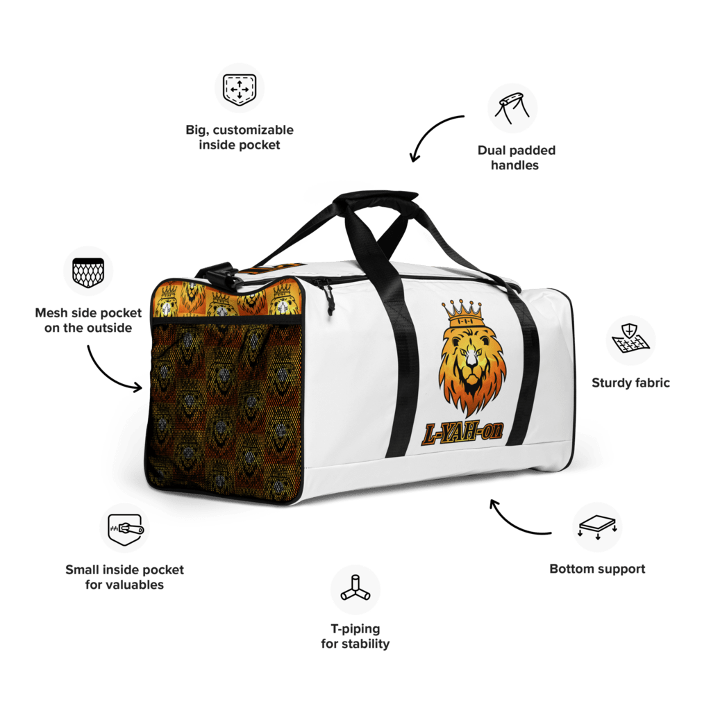 White duffle bag with a black strap and a logo that features a crown and a lion's face on the front.