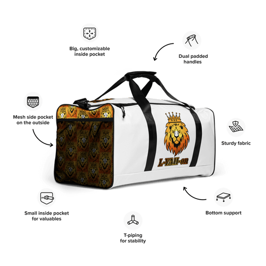 White duffle bag with a black strap and a logo that features a crown and a lion's face on the front.