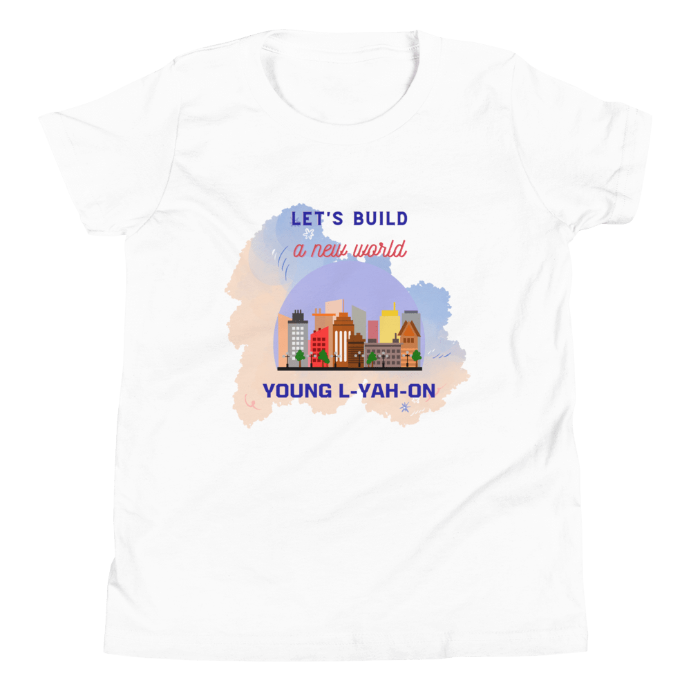 A white t-shirt with a graphic print that includes the text 'LET'S BUILD A NEW WORLD' 