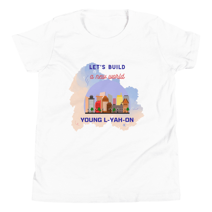 A white t-shirt with a graphic print that includes the text 'LET'S BUILD A NEW WORLD' 