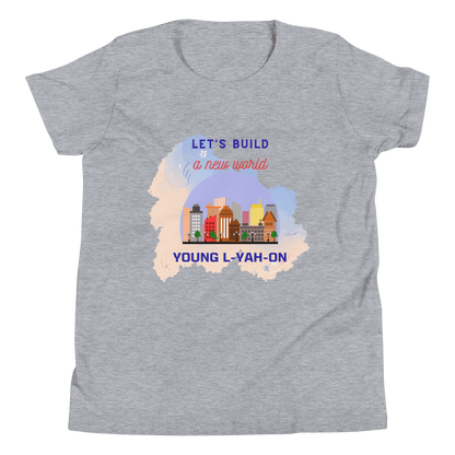 A gray t-shirt with a graphic print that includes the text 'LET'S BUILD A NEW WORLD' 